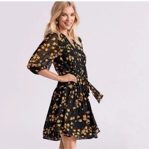 Cabi The Debut Dress Fiesta Floral Black Wrap Short Dress Career Size S